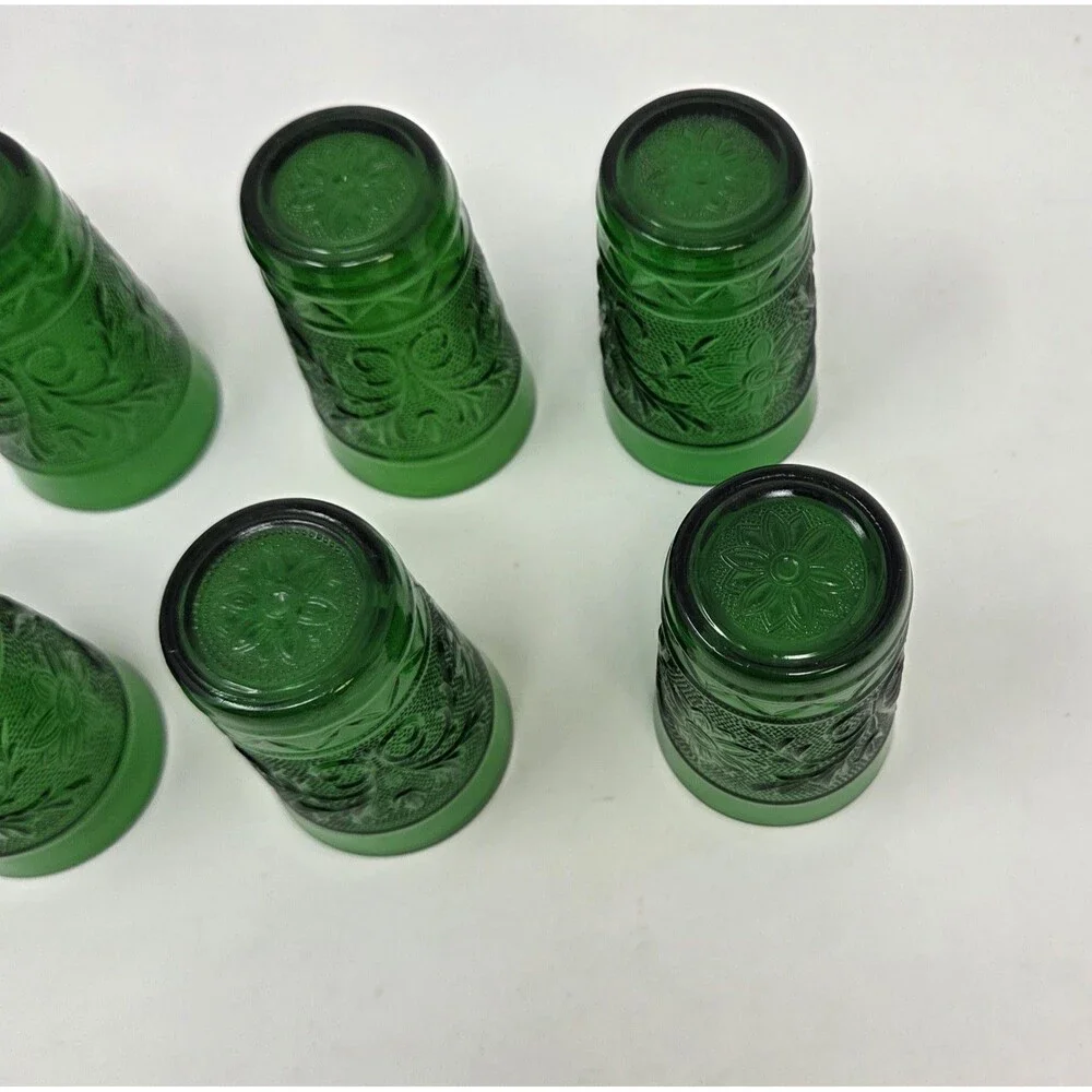 Anchor Hocking Sandwich Forest Green Juice Tumblers Set 6 Vintage Pressed Glass